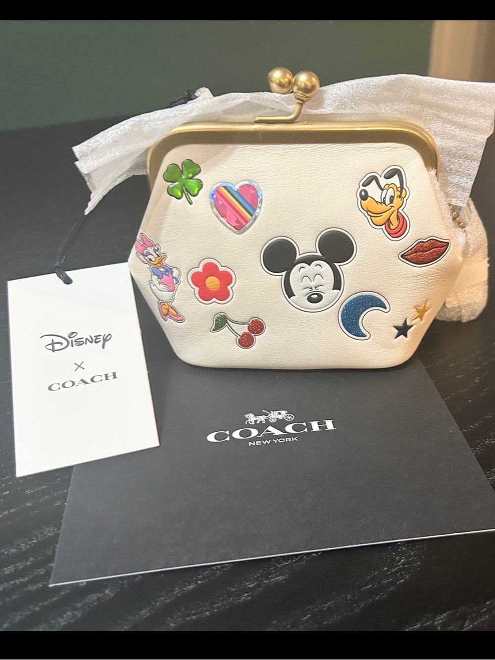 Coach White Leather Disney Patch Kiss-Lock Mini Pouch